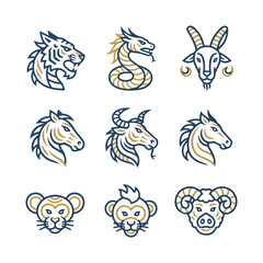 Stylized zodiac animal heads set on black background