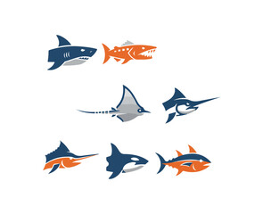 Various marine animals isolated on black background