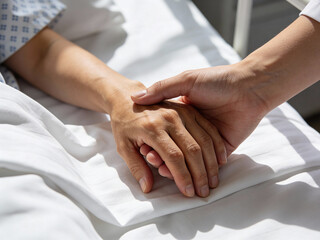 Close-up of two hands clasped together, symbolizing comfort and support for a patient in a hospital bed.