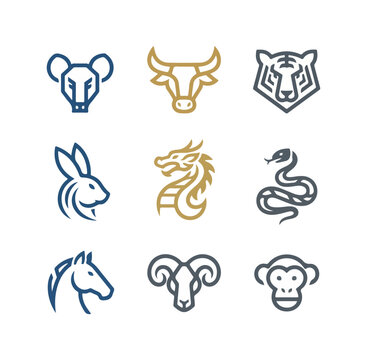 Stylized zodiac animal heads against dark background