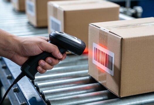 Close-up of a hand using a handheld scanner to read a barcode on a parcel moving on a conveyor.