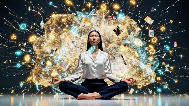 A woman in a meditative pose, surrounded by vibrant, swirling patterns and light