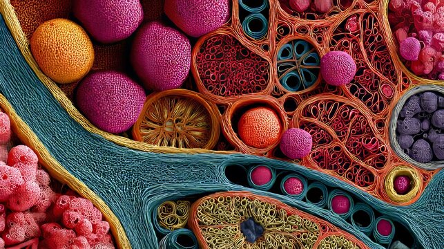 Microscopic view of kidney nephrons, vibrant color illustration