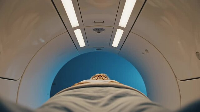 Patient POV Looking Up at MRI Tunnel Ceiling Lights Moving