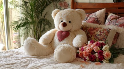 Large bear with heart pillow