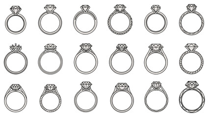Collection of various detailed illustrations of engagement rings and gemstones