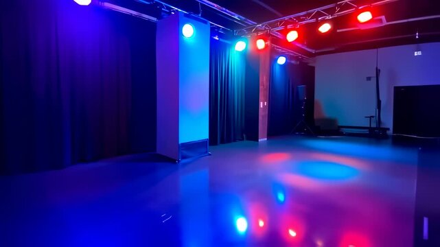 transforming empty stage illuminated by vivid blue, green, and red lighting, an adaptable setting for artistic expressions and visual storytelling