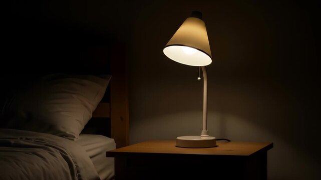 Cozy night scene with illuminated bedside lamp on wooden table casting soft warm glow