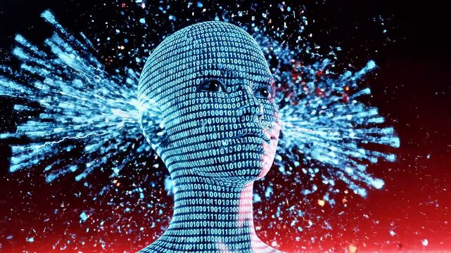 A human head exploding with binary code and blue sparks against a red and black background