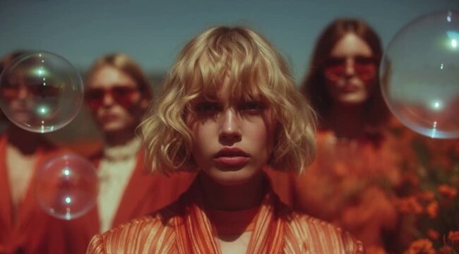 Mulheres Expressando Beleza Elegancia e Moda ao Ar Livre com Bolas de Sabao no Ar Flores e Roupas Futuristas Terracota