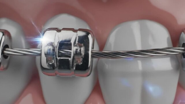 Tracking Shot of Archwire Connecting Dental Brackets Row
