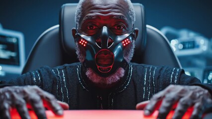 Masked Patient Strapped Into Lab Chair, Red LED Respirator Illuminating Aged Face, Monitors And Diagnostic Displays In Background, Clinical Blue Lighting, Hands Gripping Console, HighTech - Powered by Adobe