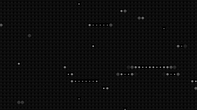 A black-on-black textured grid of small circles where horizontal segments of dots light up in white and grey, creating a "glitch" or data-processing visual effect.