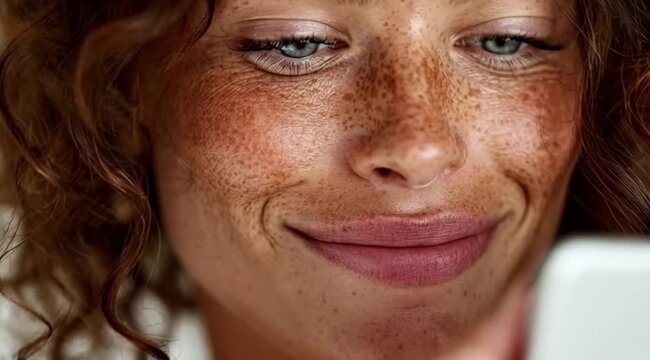 Closeup do Rosto de Mulher Linda e Sorridente Interagindo com o Celular Expressando Espontaneidade Autenticidade e Conexao Digital