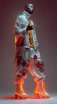 Mulher Negra Careca Vestindo Look Largo Futurista Metalico e Laranja Representando Moda Avant Garde e Beleza Contemporanea
