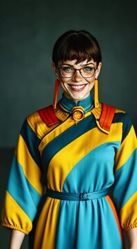 Linda Mulher Sorridente Colocando os Oculos ao Caminhar em Direcao a Camera Vestindo Roupa Colorida Autentica e Elegante