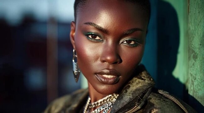 Closeup do Rosto de Mulher Negra Careca com Brincos e Roupa Futurista Representando Beleza Moderna, Identidade e Poder