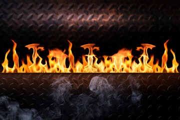 Steel floor and smoke with flames, with space for text. Background design concept.