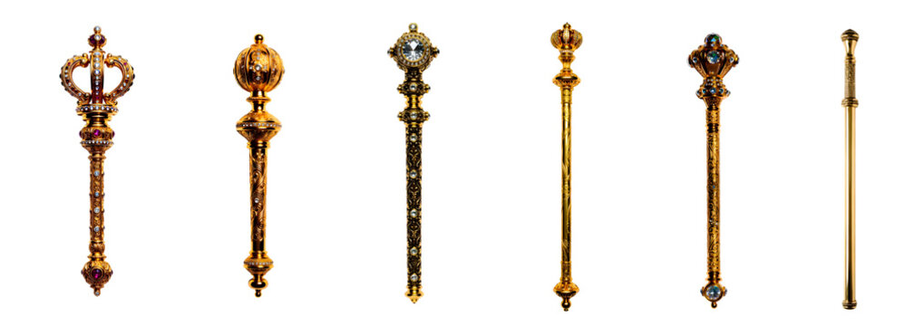 Set of Golden Royal Scepters with Precious Gemstones and Intricate Filigree Isolated on Transparent