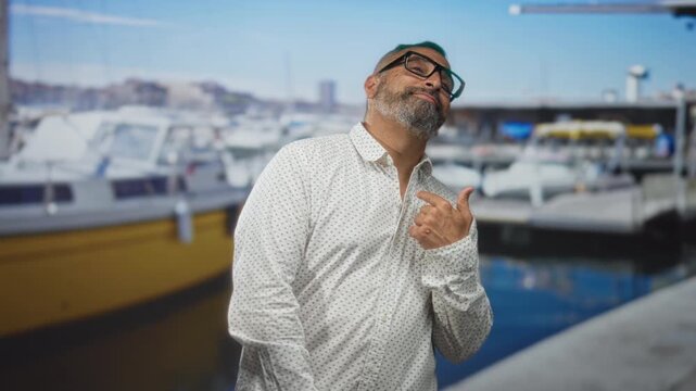 Man points thumb to chest beside moored boats on street near a marina, wearing glasses and white patterned shirt with gray beard and smirk; pride.