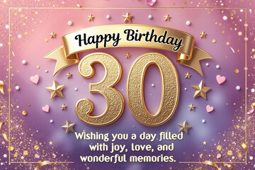 Golden 30th birthday celebration with festive mood featuring glittering numbers and ribbon against a pink and purple gradient background