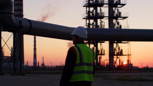 a silhouette vision of an industrial worker walking at the oil refinery construction area during the pastel sunrise with pipe lines around him