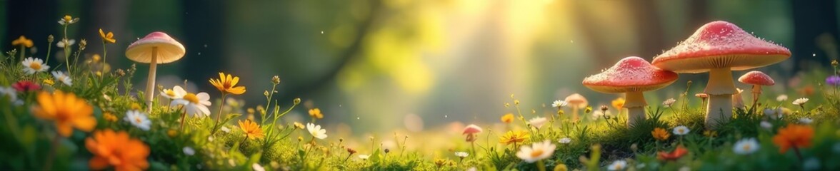 Obraz premium Enchanted meadow bathed in soft sunlight, wildflowers blooming amongst luminous mushrooms and sparkling dew drops A whimsical scene of pure fantasy , fantasy, pixie, folklore