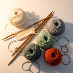 Knitting Supplies Flat Lay with Colorful Yarn