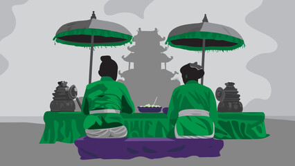 Balinese Hindu prayer ceremony with traditional offerings and green attire