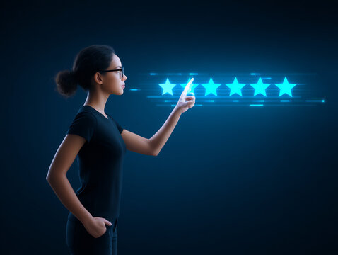Woman placing review star rating on busines