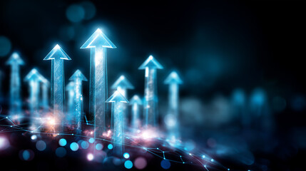 Myriad of luminous blue arrows pointing upward against dark backdrop, upward movement symbolism, dynamic growth concept, progress visualization, defocused depth, with copy space