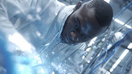 Precision and Focus: A dedicated individual intently engaged in a detailed task, utilizing advanced technology within a cutting-edge environment, all bathed in an atmosphere of intense focus.