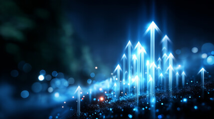 Myriad of luminous blue arrows pointing upward against dark backdrop, upward movement symbolism, dynamic growth concept, progress visualization, defocused depth, with copy space