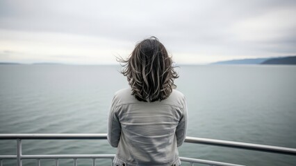 Woman standing alone on deck overlooking serene ocean landscape