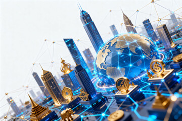 Global Financial Network with City Skyscrapers and Digital Links