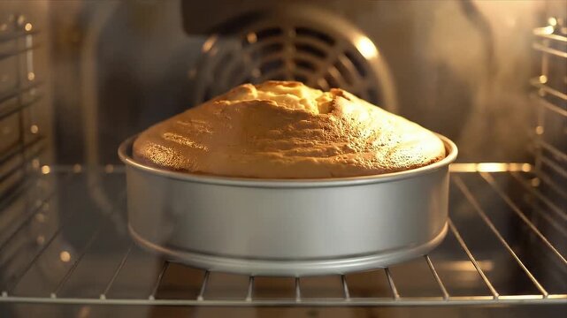 A golden cake bakes in a round metal pan inside a hot oven with steam rising and warm light creating a cozy atmosphere