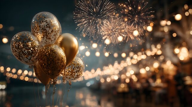 Luxurious New Year celebration with decorations, food, and fireworks lighting up the night sky - Powered by Adobe