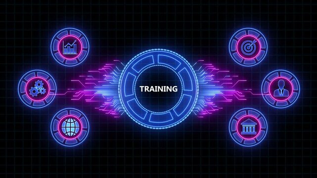Coaching mentoring education business training development E-learning concept.Business, Technology, Internet and network concept.Digital animation glowing blue circuit lines, technology, data flow.