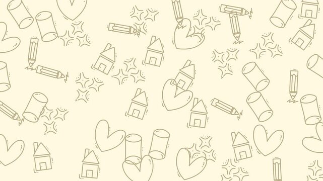 Outlined shapes of hearts, houses, stars, cylinders, and pencils on a beige background, suitable for graphic design projects and educational materials.