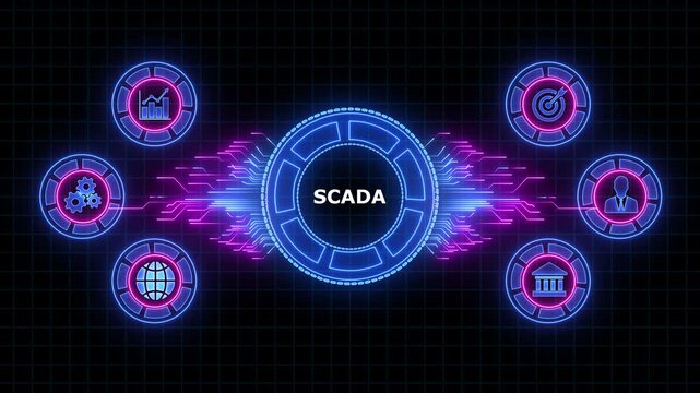 System Supervisory Control And Data Acquisition technology concept. SCADA. Digital animation glowing blue circuit lines, technology, data flow.