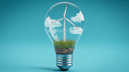 Ecological Concept of Renewable Energy Showing a Wind Turbine and Green Grass Growing Inside a Light Bulb