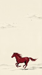 Red horse running in a traditional Chinese painting style with clouds and flying birds. Asian art concept for Lunar New Year and celebration of 2026 year of horse.