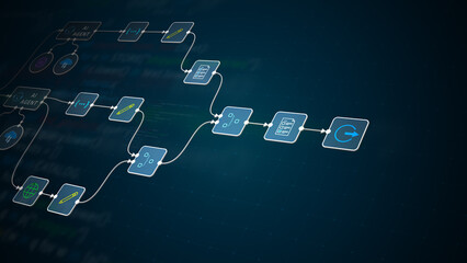 AI automation workflow diagram with agents, cloud computing, and process flow on digital code background