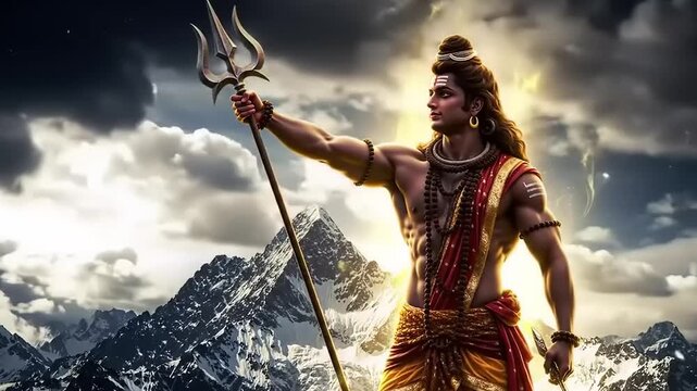 Lord Shiva Standing Majesticly on Mountain Peak Holding Trident.