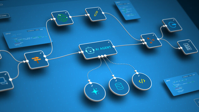 Closeup of AI automation workflow with intelligent agent connecting data, code, and tools for seamless process management
