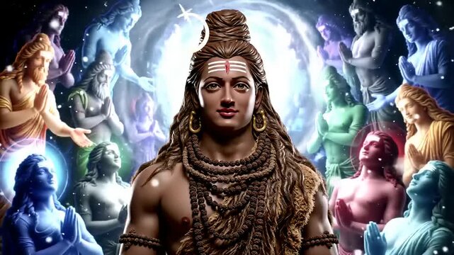 Lord Shiva surrounded by divine beings in a cosmic spectacle.