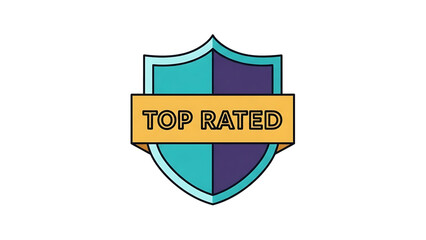 A stylized shield emblem with the words top rated in a golden banner across the center, symbolizing excellence and achievement