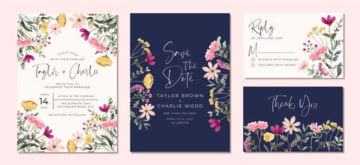 wedding invitation set card with pink yellow wildflower watercolor decoration