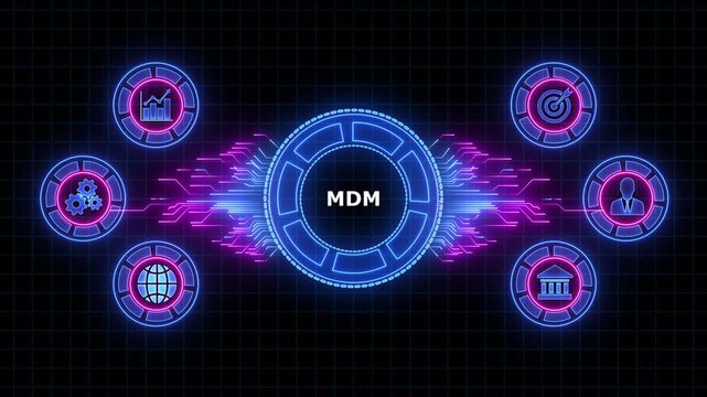 Neon Hexagon Network MDM Concept with Icons and Data Streams technology connection
