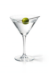 A clean studio photo of a classic martini cocktail with lime and olives in a clear glass, isolated on a white background, cold and refreshing